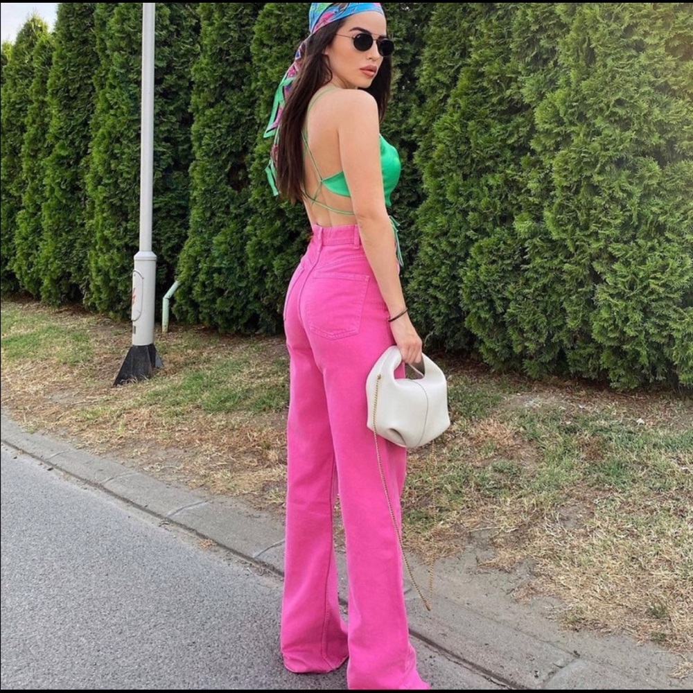 ZARA Pink Denim Wide Leg/High Waist Jeans